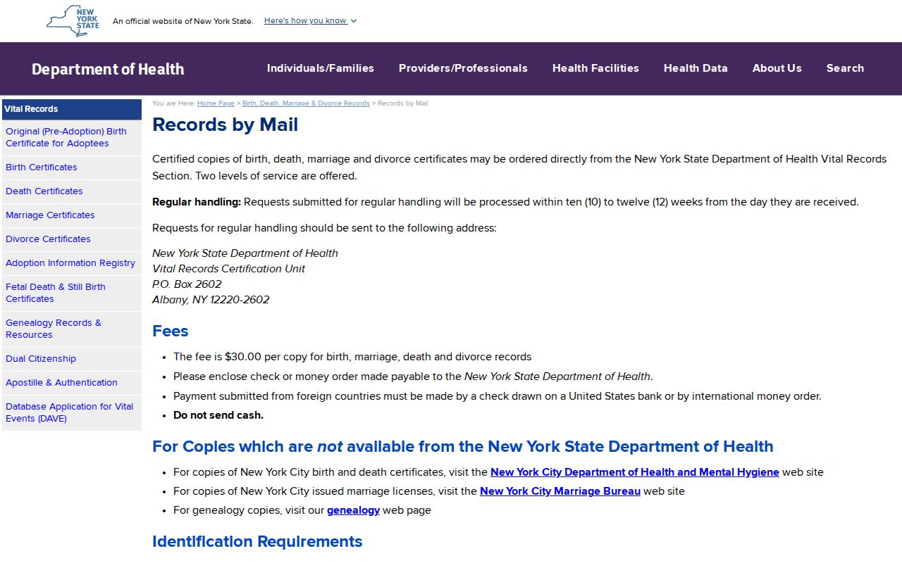 Westchester County residents directory New York vital records mail request forms