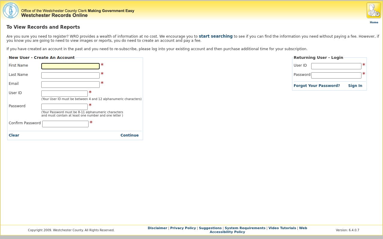 Westchester County street directory WRO image and report access registration fields